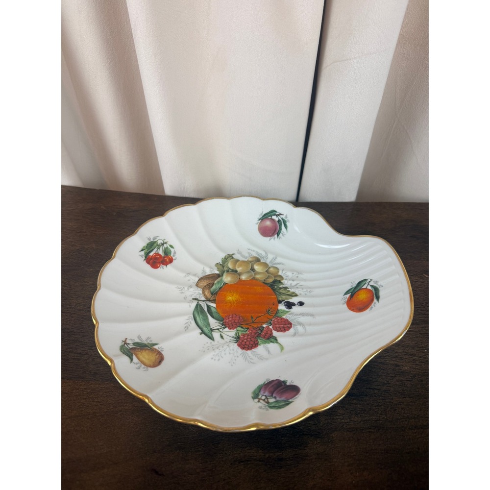 Vintage Limoges France Porcelain Shell Dish Gold Trim with Fruits 10" x 9"